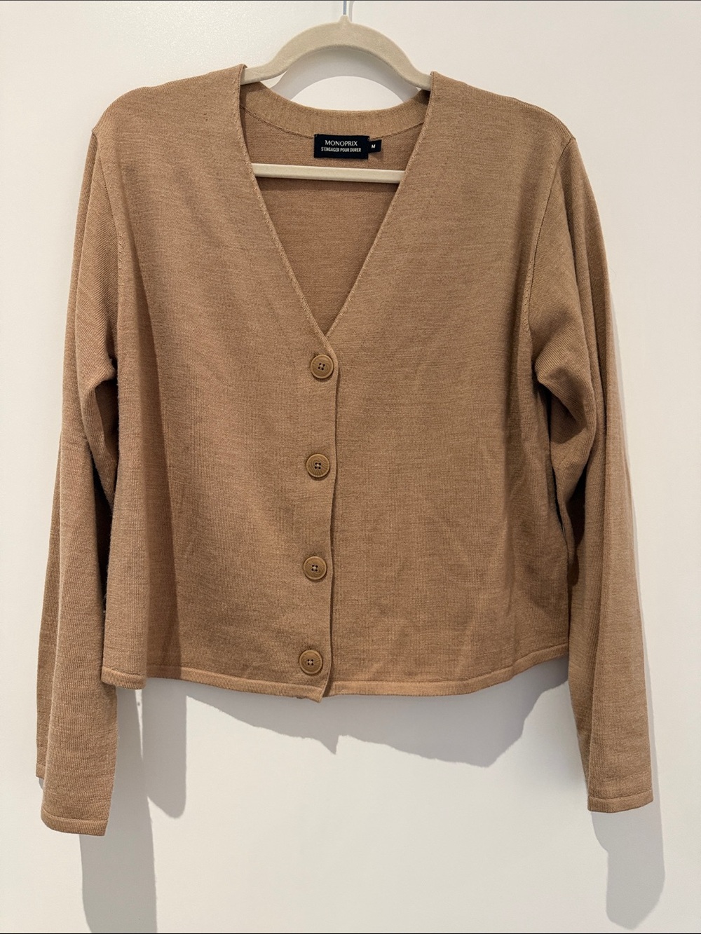 MONOPRIX Women's Camel Button-Front V-Neck Cardigan